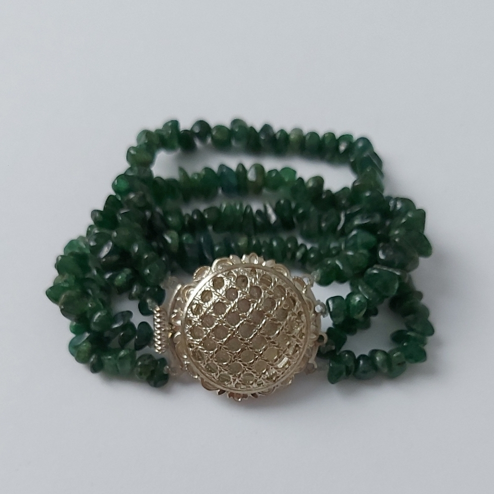 Vintage Green Jade Beaded Gemstone Multistrand Silver Bracelet
